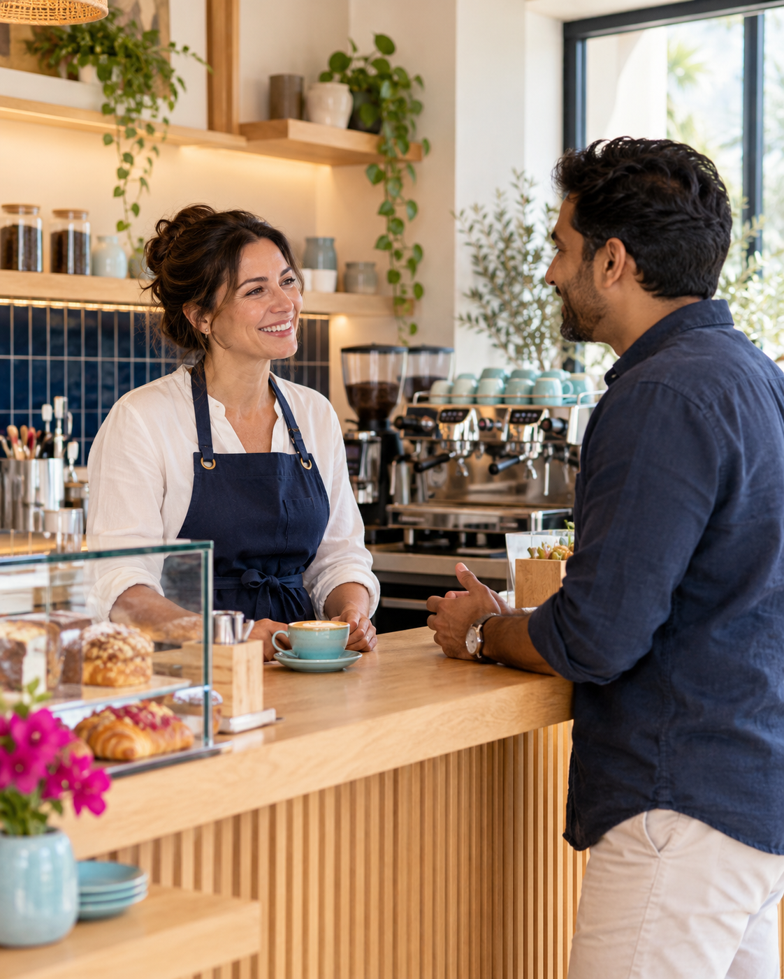 Illustrative café owner welcoming a hospitality founder at the counter