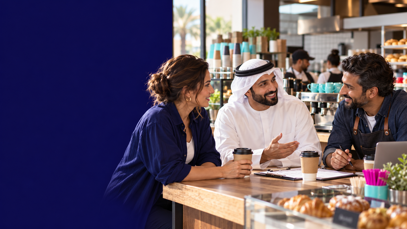 Illustrative hospitality founders and a café operator discussing growth at the counter